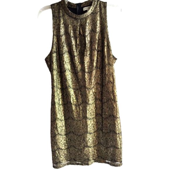 Elegant Gold Lace Sleeveless Size L Shimmer Metallic Holiday Cocktail Dress #C - Picture 2 of 10